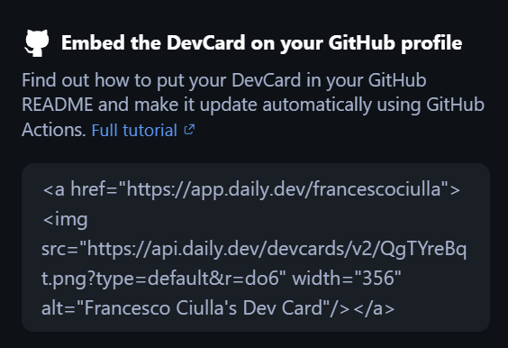 Screenshot of the code snippet that's used for emedding the DevCard on GitHub
