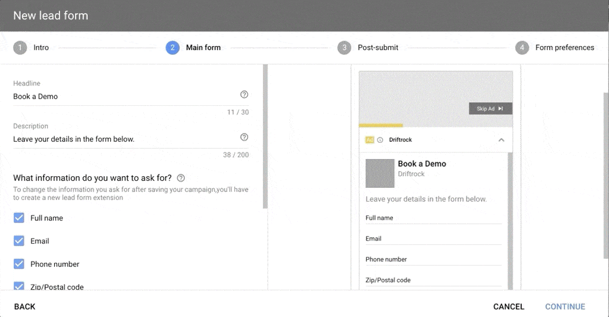 Screenshot - Lead form questions