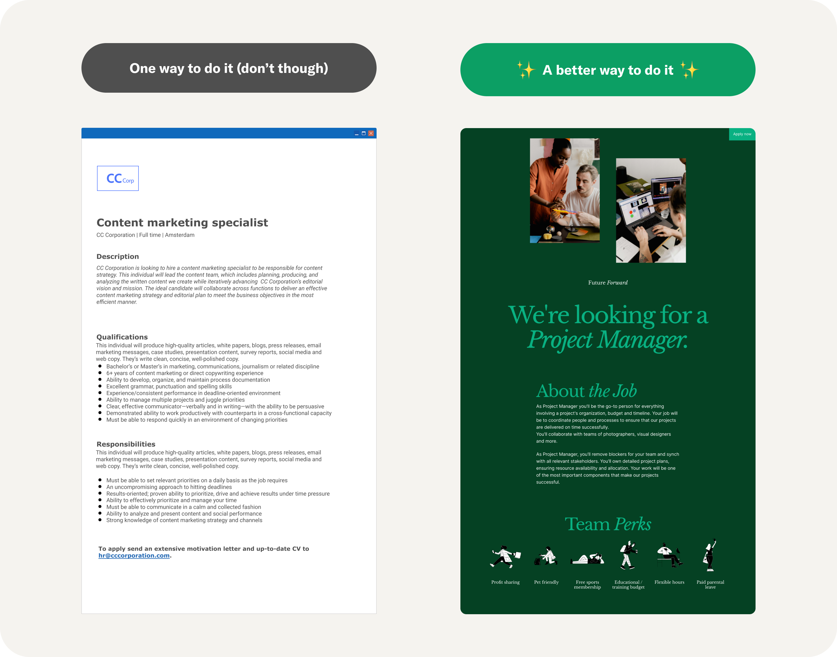 Two sample job posting templates. One is bland and the other is rich with visual elements that will attract candidates.