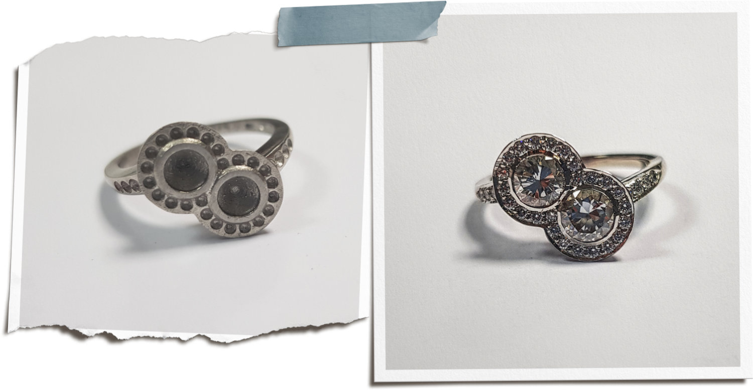 Left image showing a cast thread and grain set ring before setting with no details. Right hand showing same ring finished by goldsmith.