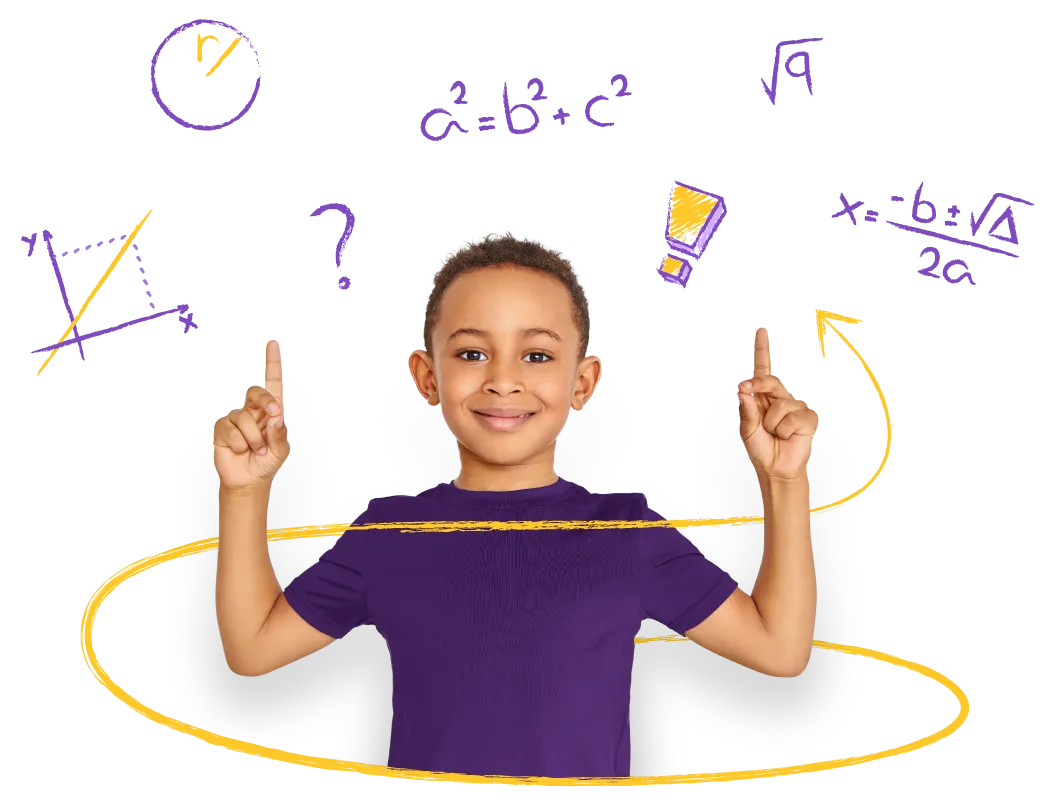 Aluno de reforço escolar de Matemática da Liber com aproximadamente 8 anos, sorrindo e apontando para cima, onde há desenhos, símbolos e equações matemáticas. 