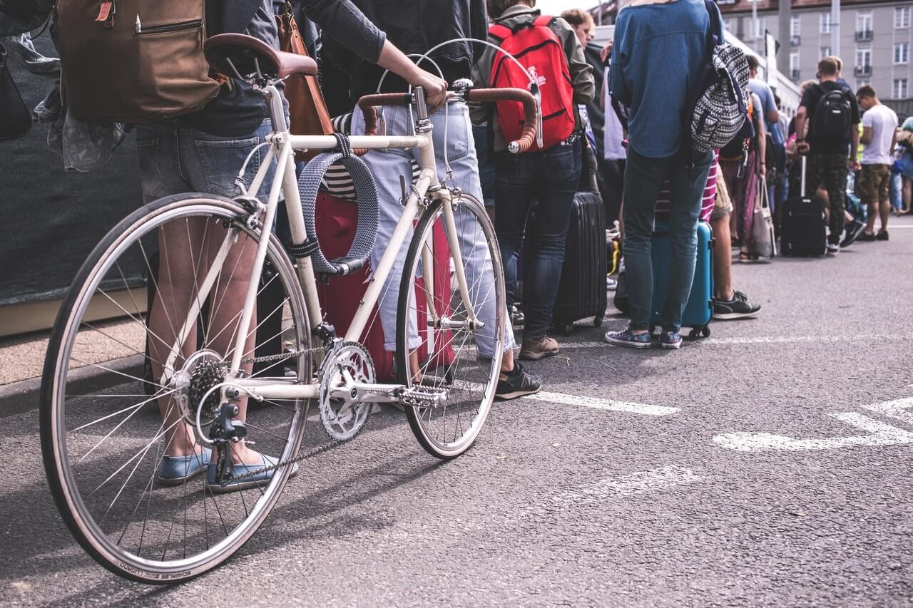 queue line on a city street colorful bicycle pavement