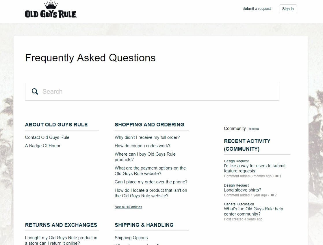 faq page example old guys rule shipping returns and exchanges