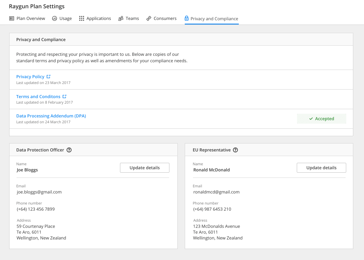 Raygun's GDPR settings page