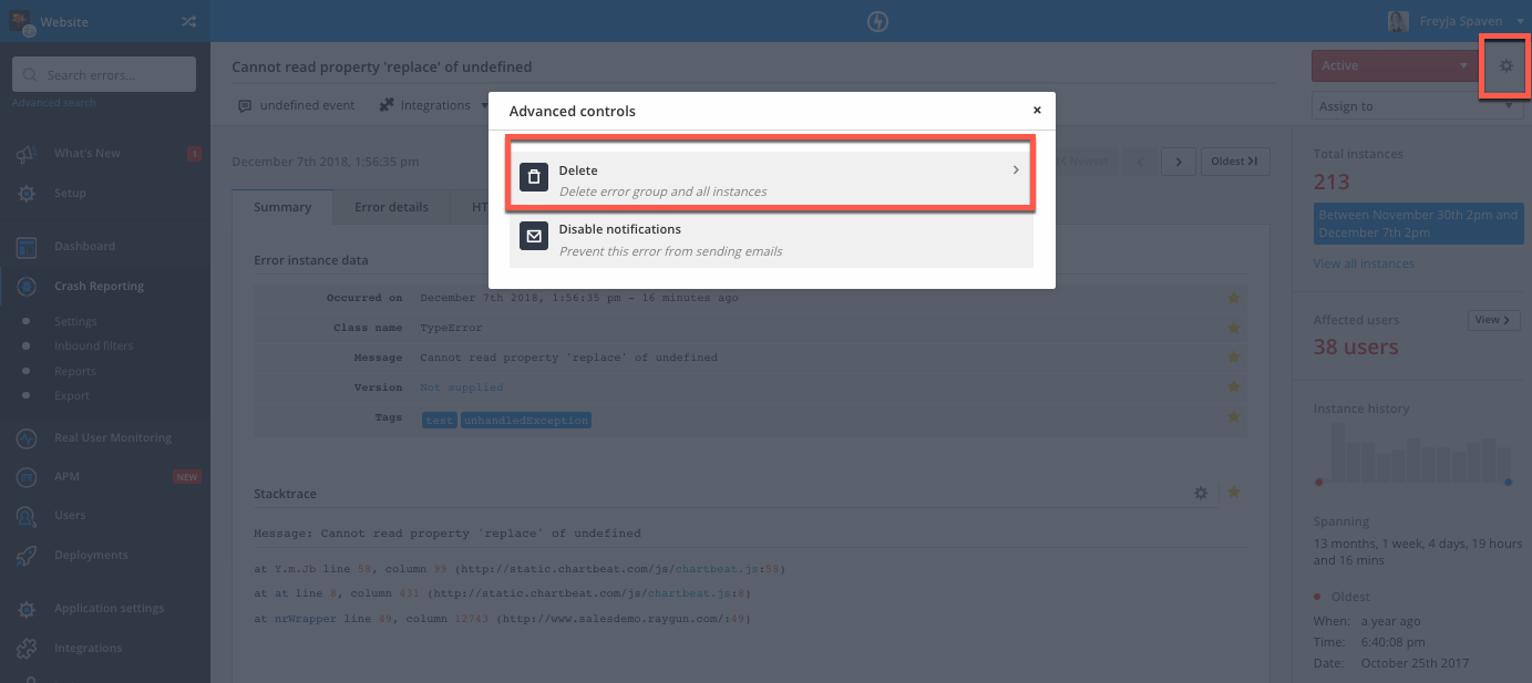 Raygun's delete error group instance controls