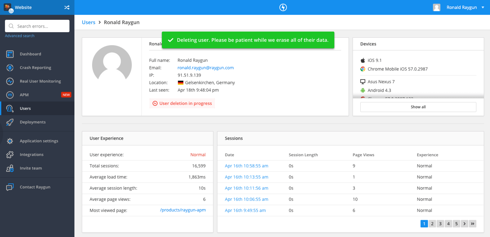 Raygun's user deletion in progress