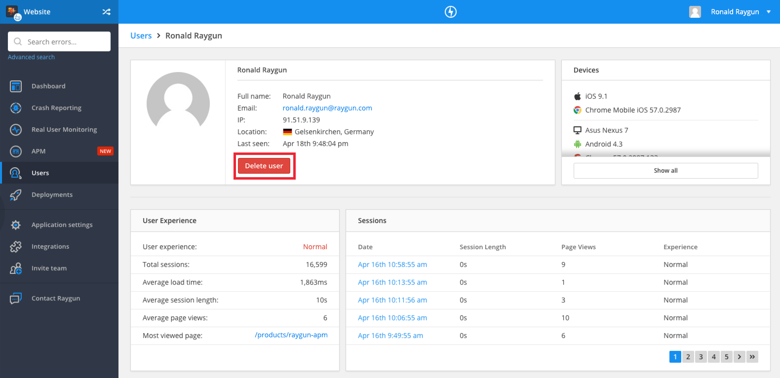 Raygun's delete user controls