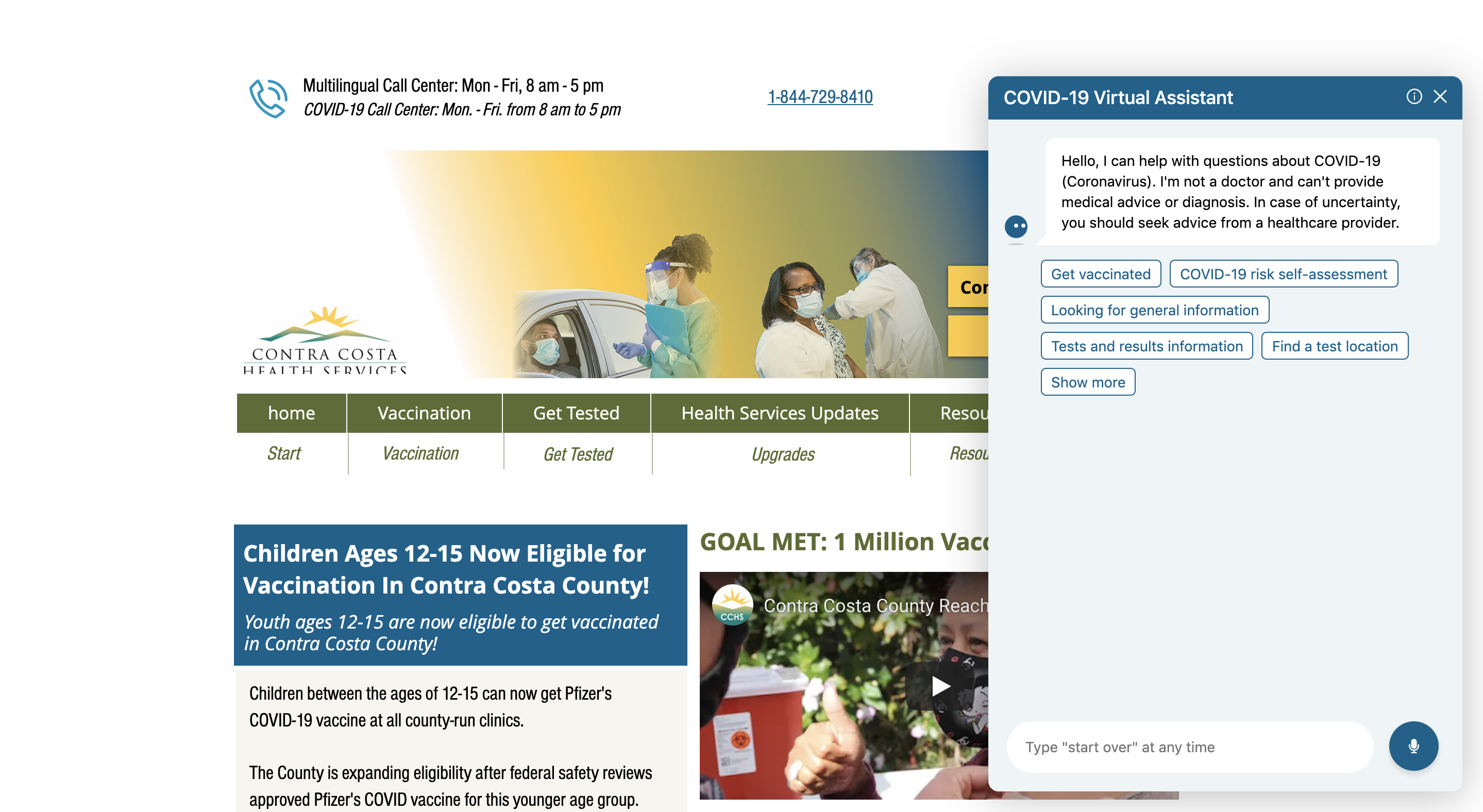 Hyro's Virtual Assistant deployed on Contra Costa Health Services homepage