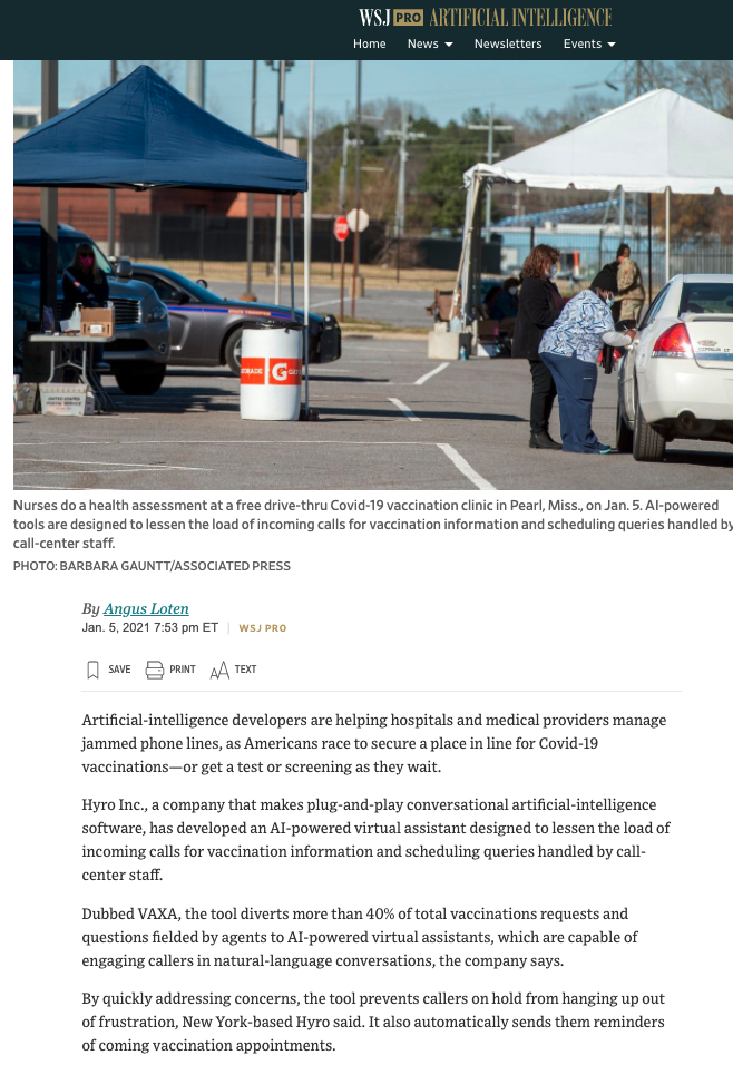 The Wall Street Journal covering Novant Health’s deployment of Hyro’s VAXA, January, 5th, 2021
