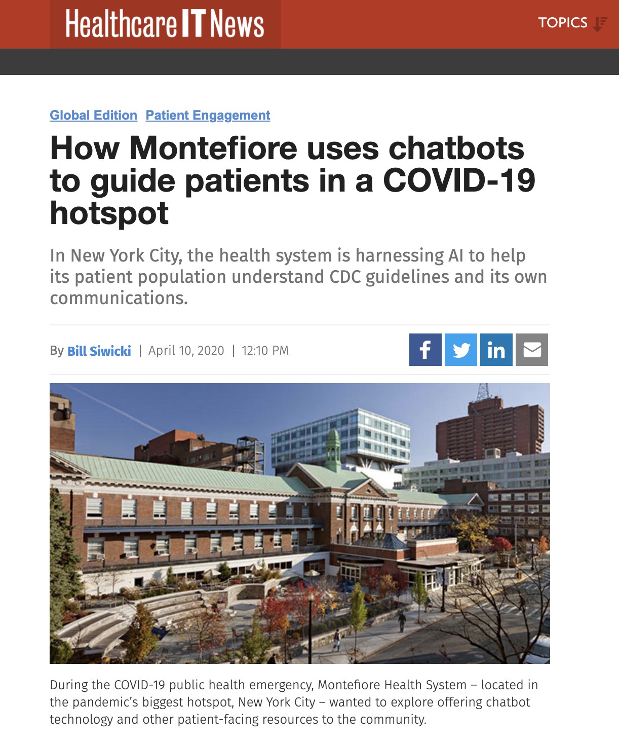Healthcare IT covering Montefiore Health System’s deployment of Hyro’s COVID-19 Virtual Assistant, April 10th, 2020