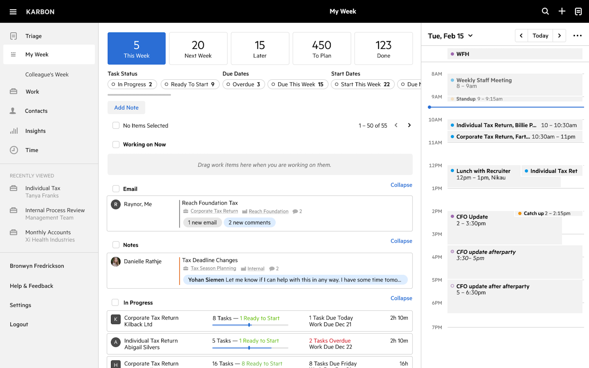 An image of Calender and My Week integrations in Karbon.