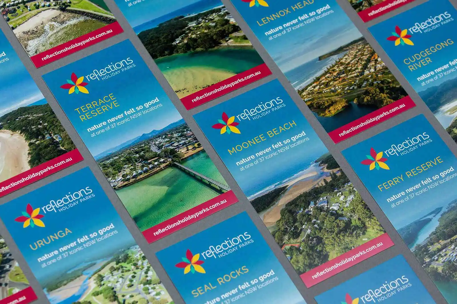 A layout of 37 DL flyers to promote the different Reflections Holiday Parks