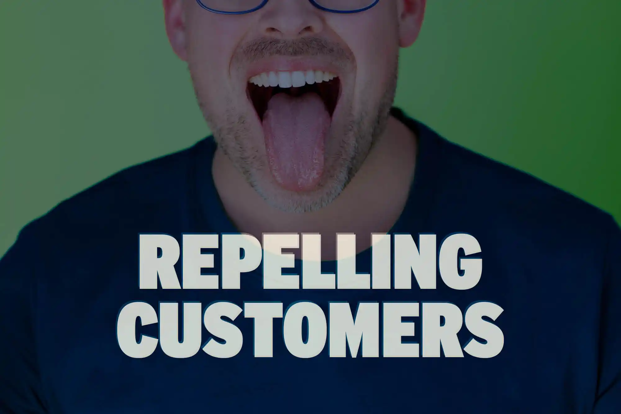 white text on a blue patterned background, reading episode 003 - the art of repelling customers