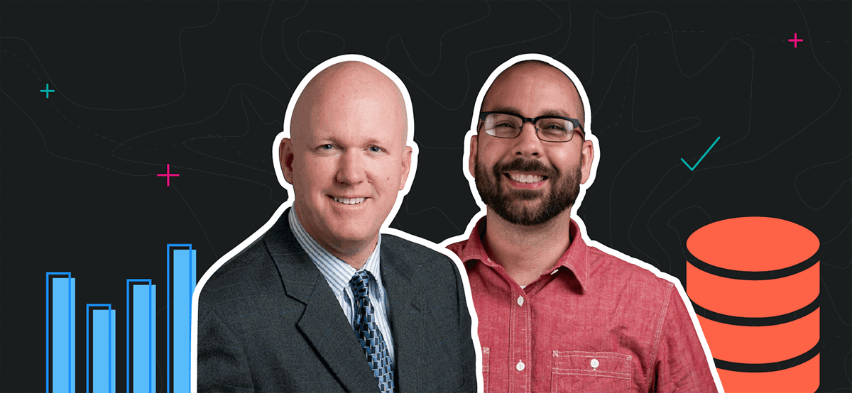 line graph, bar graph, two women looking at data on a computer, large group of people walking and wearing masks in a city, and two males a manager and frontline employee checking on products in a warehouse