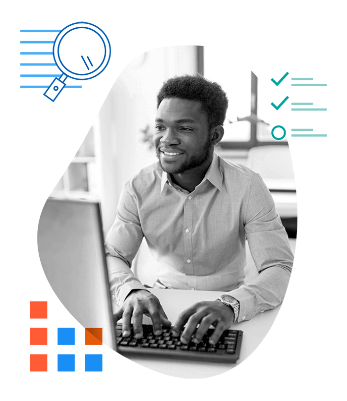 young black man working on a laptop with organizing shapes and elements