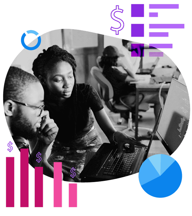 black female and male reviewing data elements on a large desktop