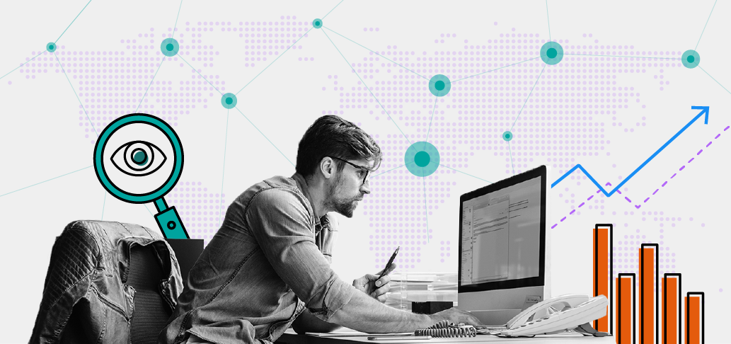 line graph, bar graph, two women looking at data on a computer, large group of people walking and wearing masks in a city, and two males a manager and frontline employee checking on products in a warehouse