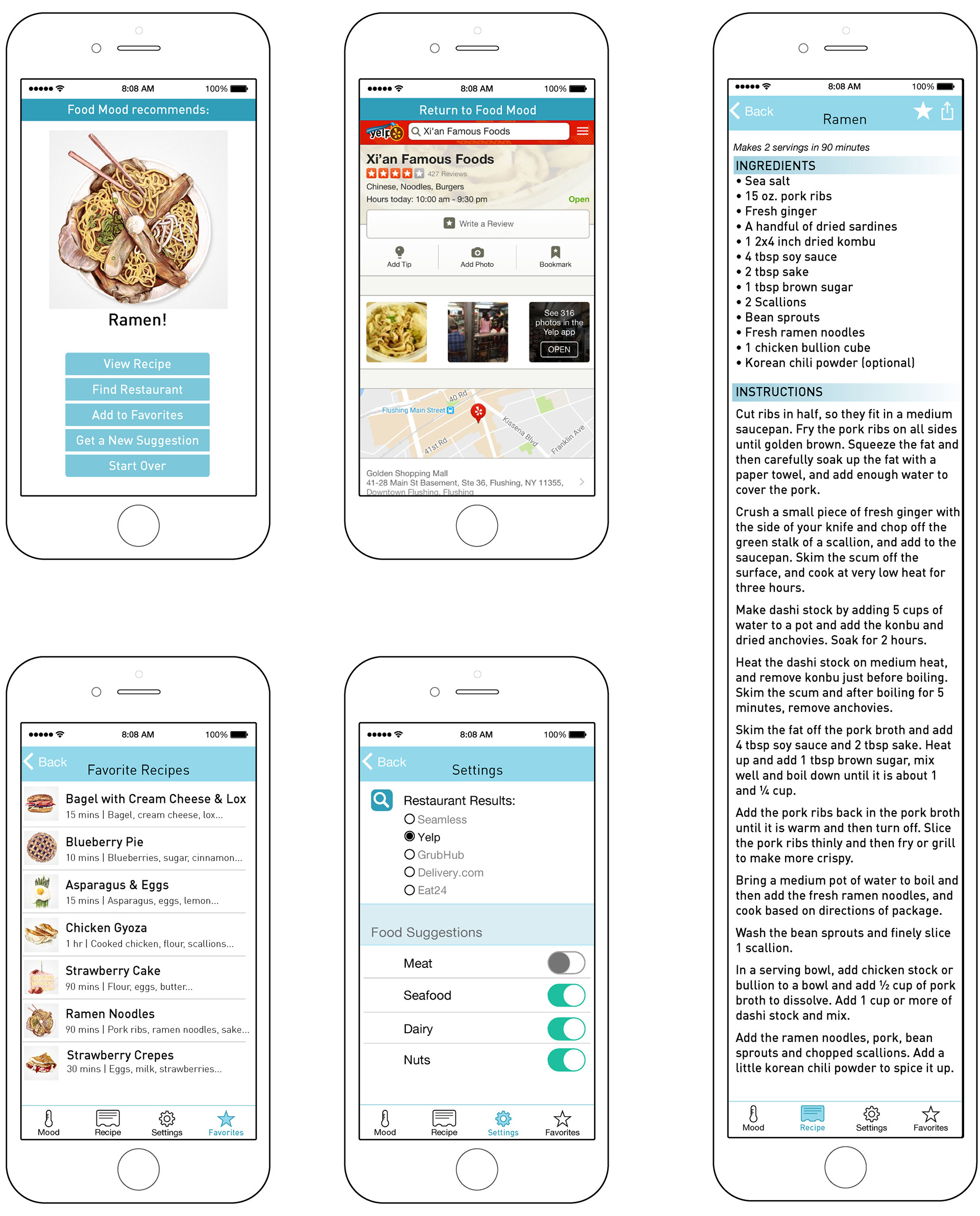Hi-Fi wireframes of 5 screens from Food Mood app