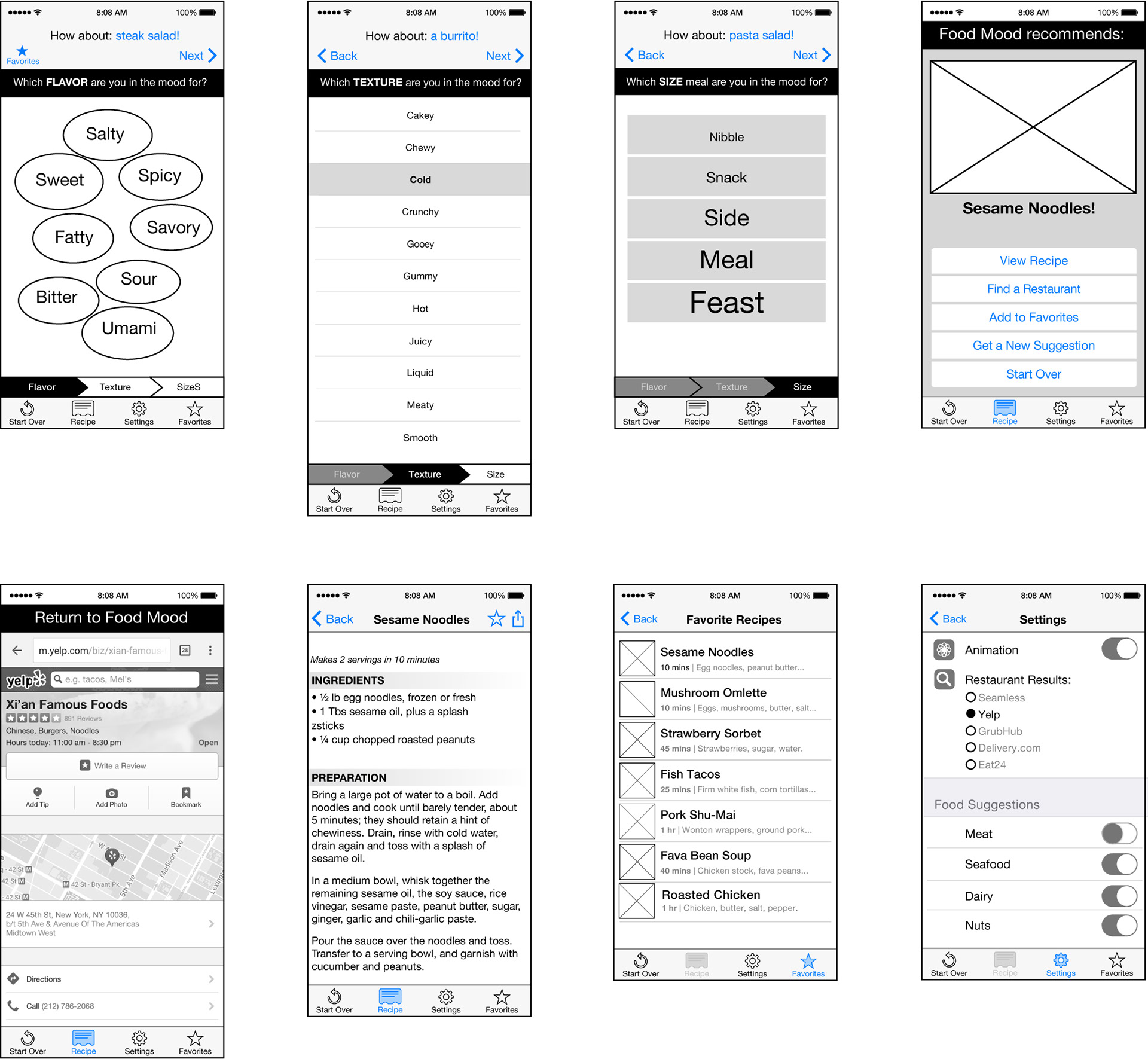 lo-fi wireframes of 8 screens from Food Mood app