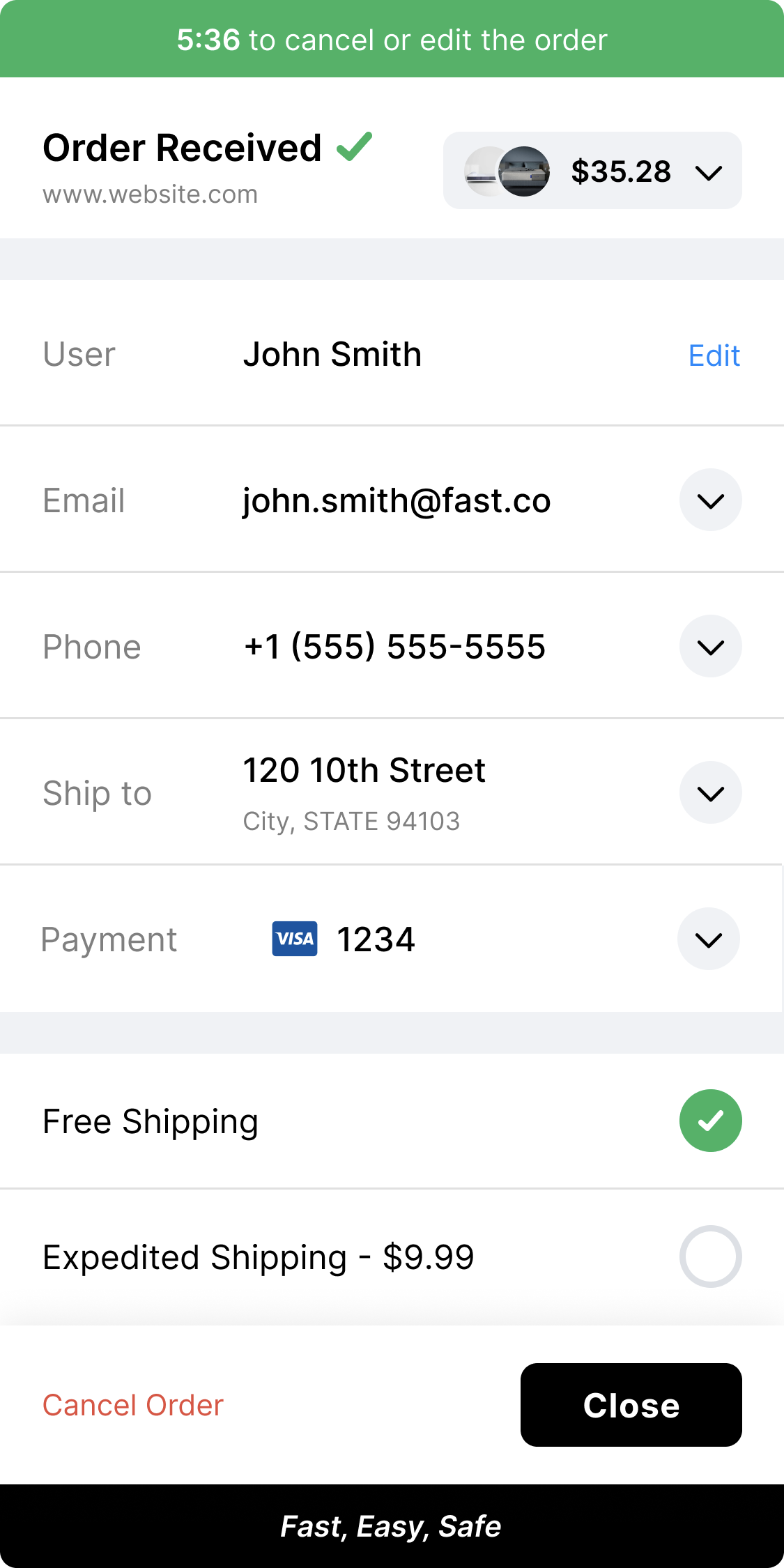 Fast Checkout mobile purchase complete