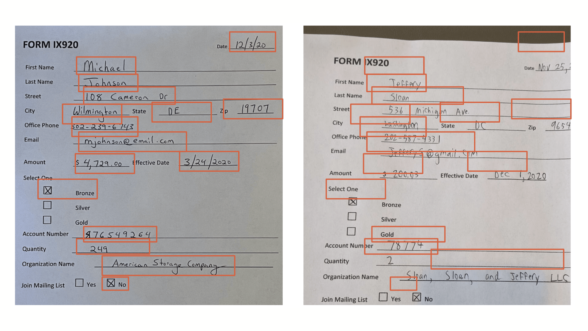 image of two forms with terms highlighted in red. On the left it shows the form straight on, on the right shows the same form but slightly tilted causing the red boxes to not align correctly.