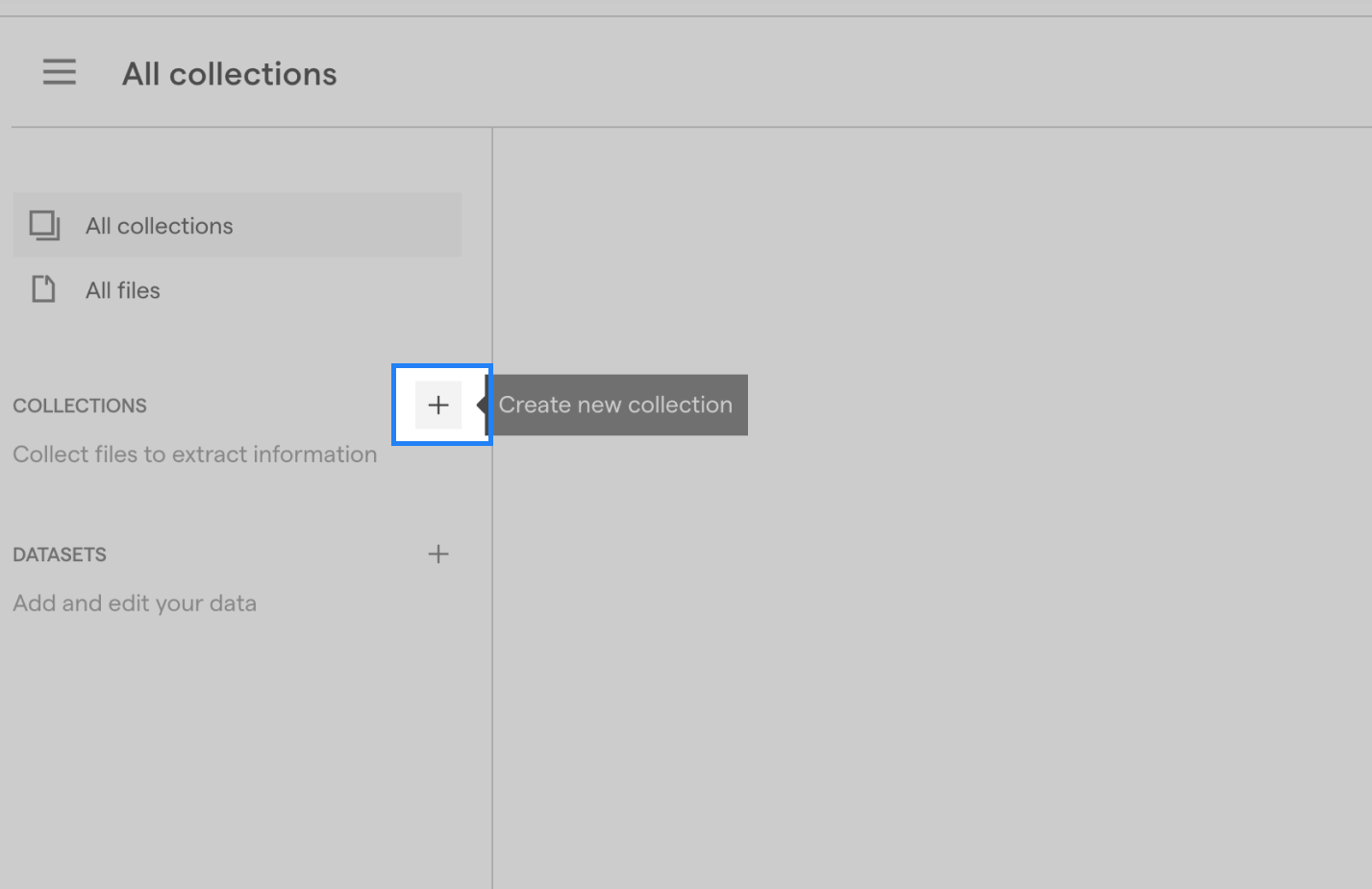 Screenshot of how to add a collection. A collection is like a folder which groups your files together in order to run unique OCR and ML models on.
