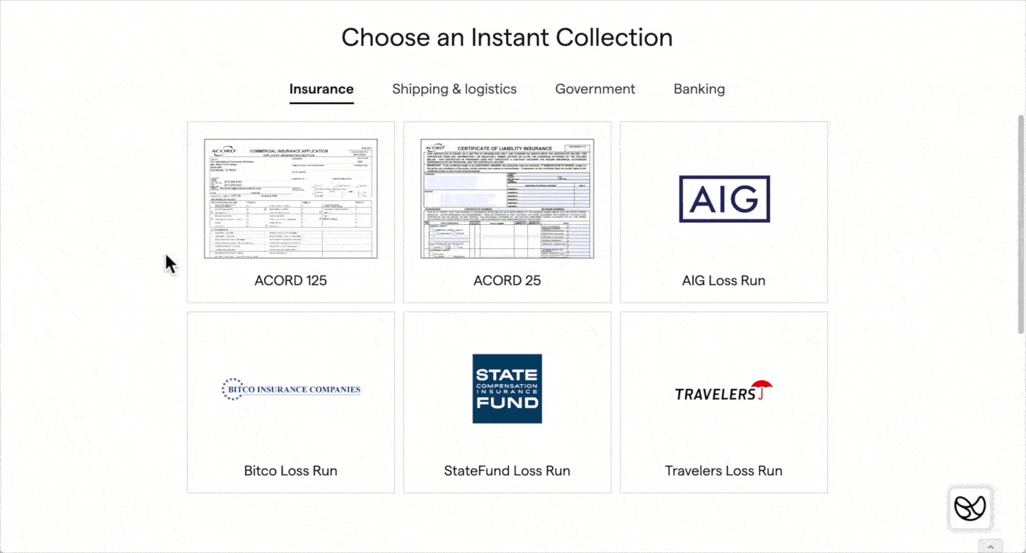 A user choosing an Instant Collection that fits their document needs, uploading their documents, then seeing extracted data right away.