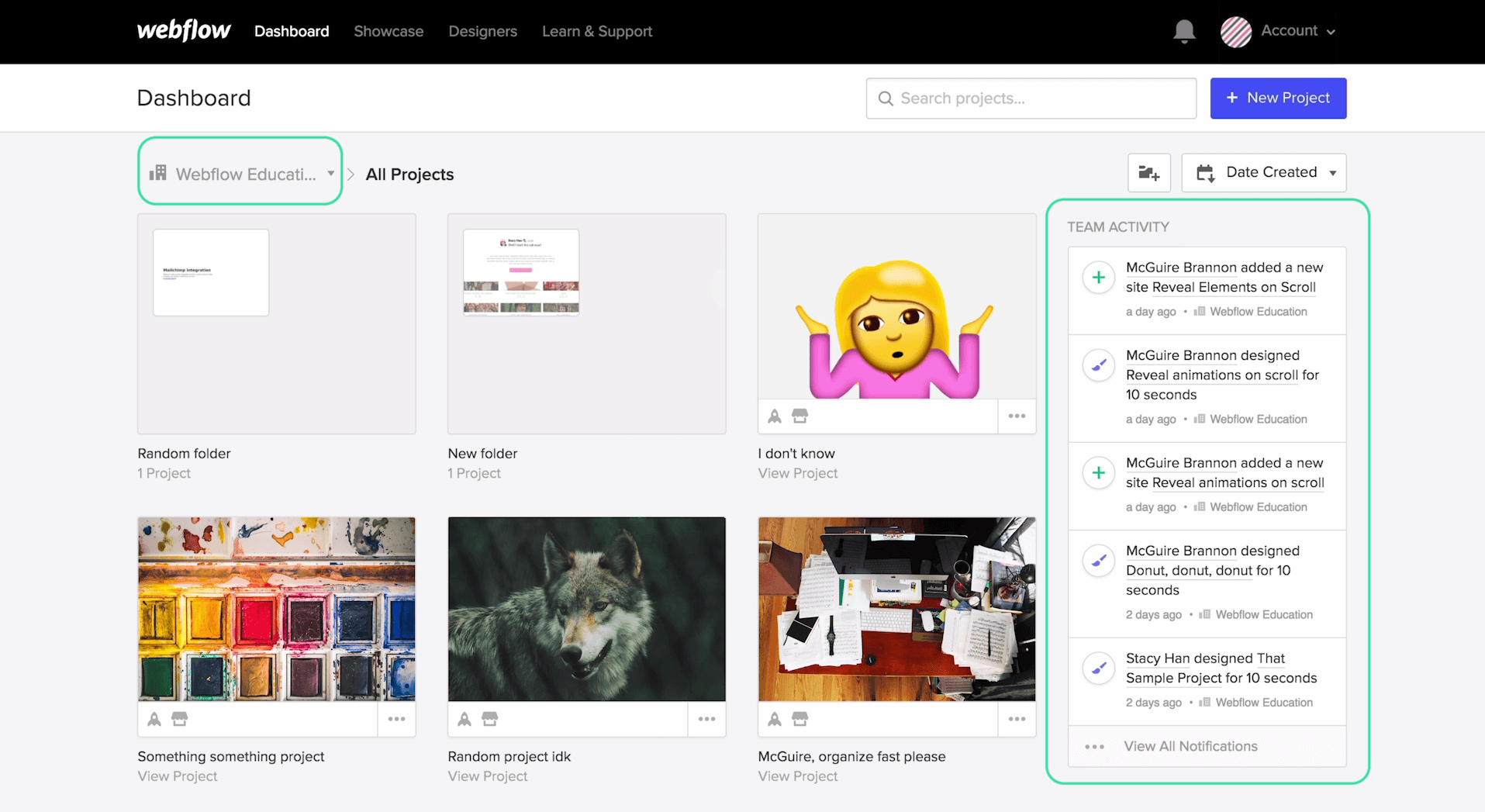 In each of your team dashboards, you'll see that team's projects and the team activity.
