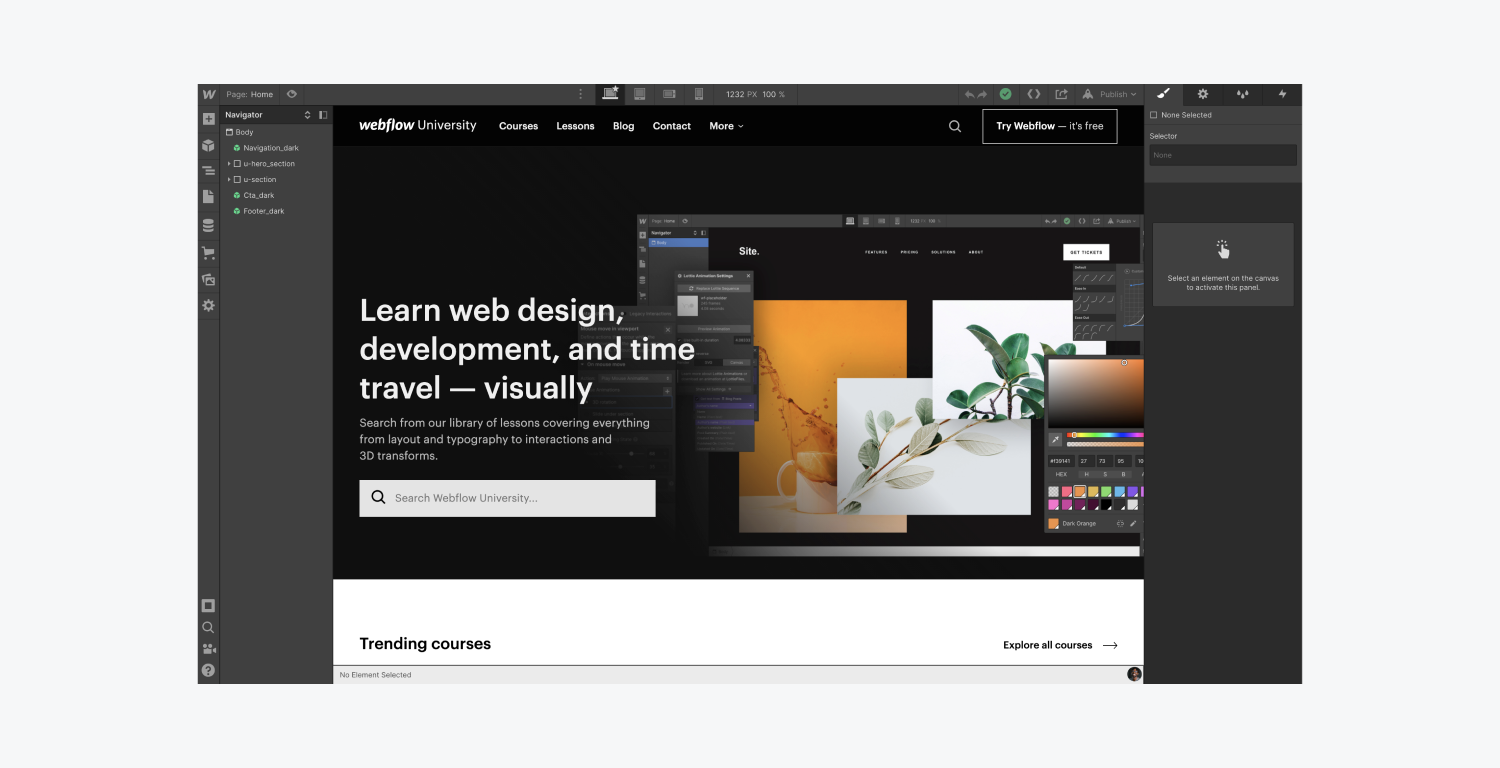 A Webflow designer displays the Webflow University home page. The Navigator and style panel are open in view.