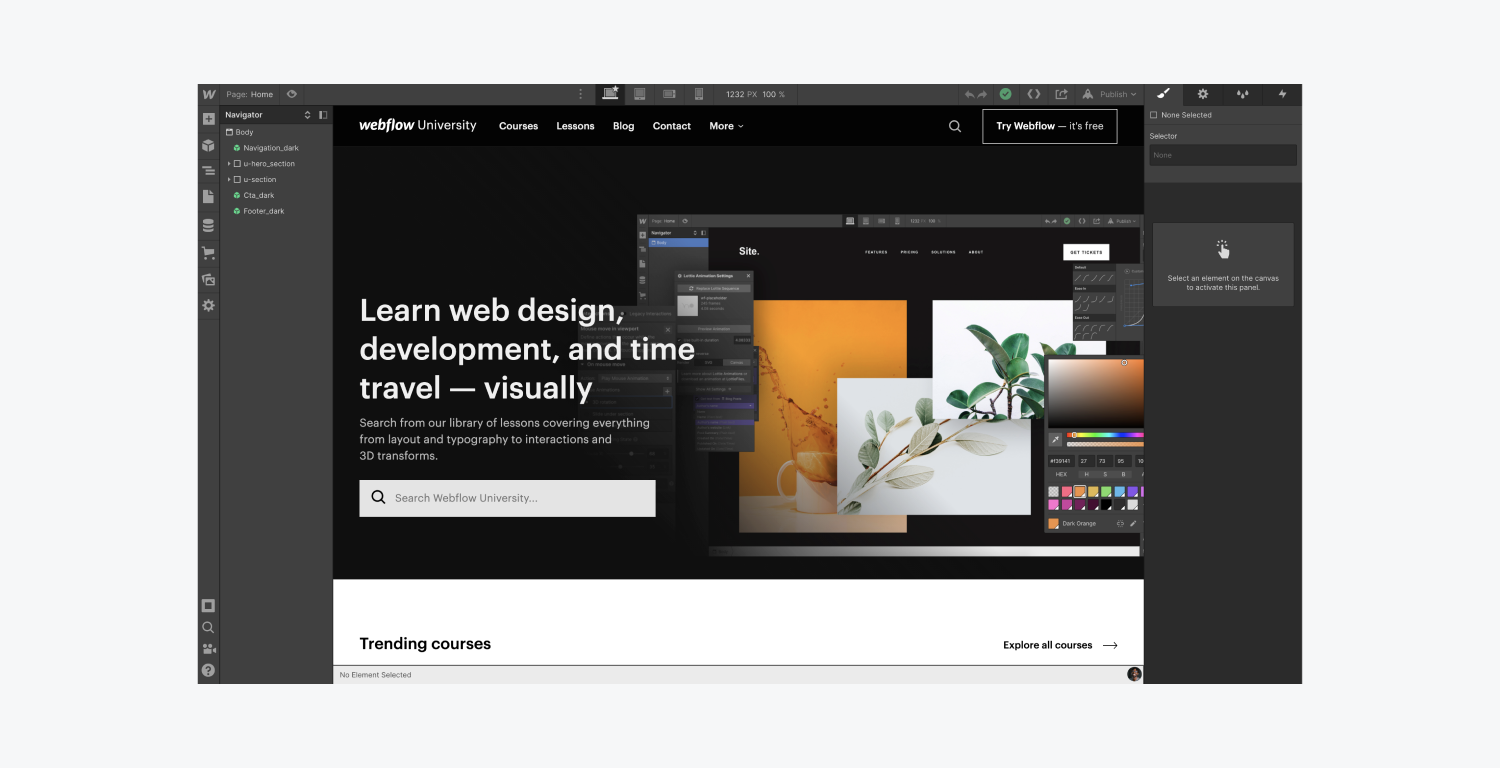 Webflow设计器显示Webflow University的主页。导航器和样式面板在视图中打开。