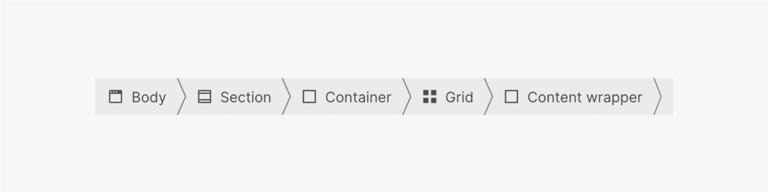 The bottom navigation breadcrumb bar displays a body, section, container, grid and a content wrapper.