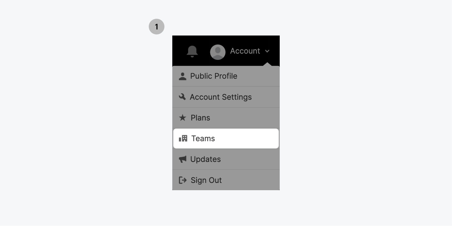 Step one, click on the Teams button (highlighted) from the Account dropdown menu.