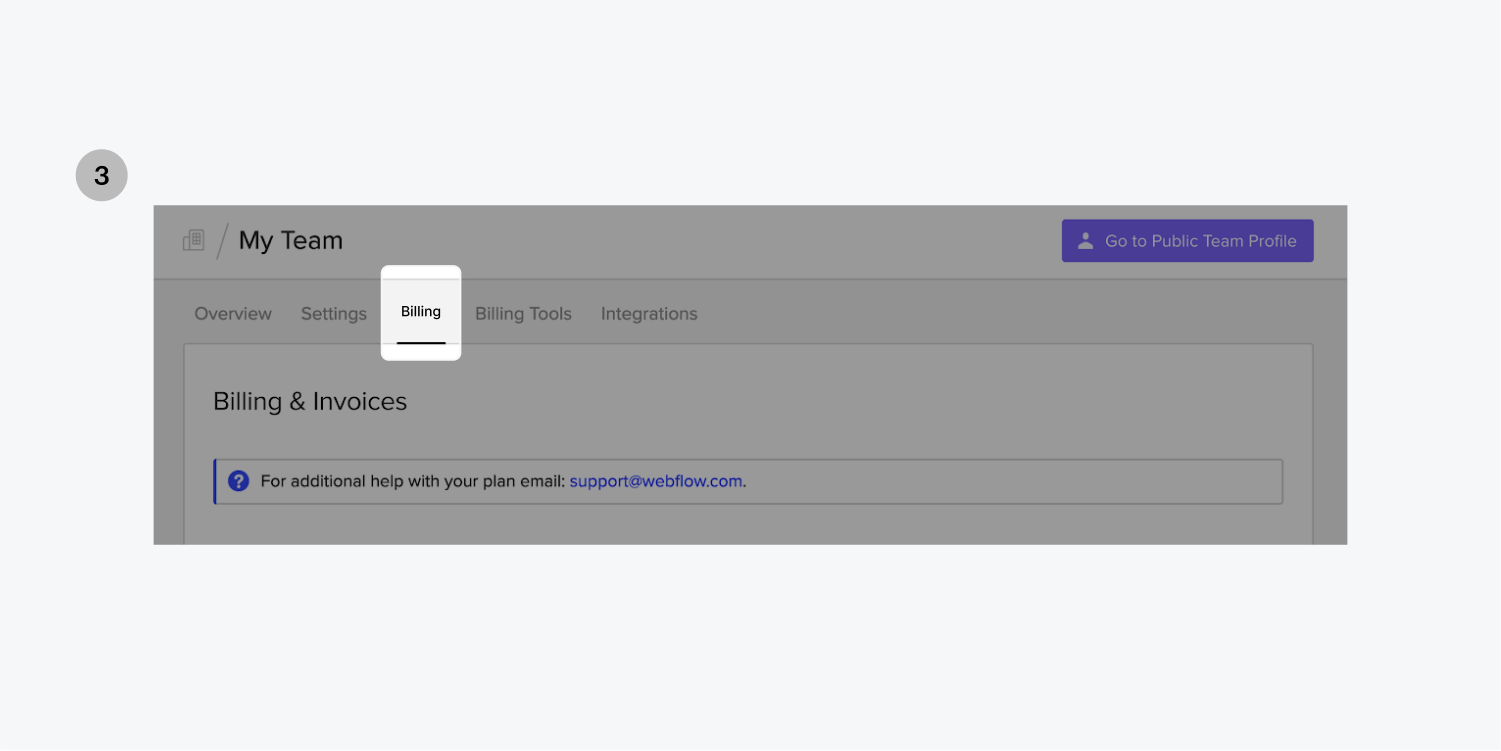 Step three, click on the Billing tab (highlighted) in the Team page.