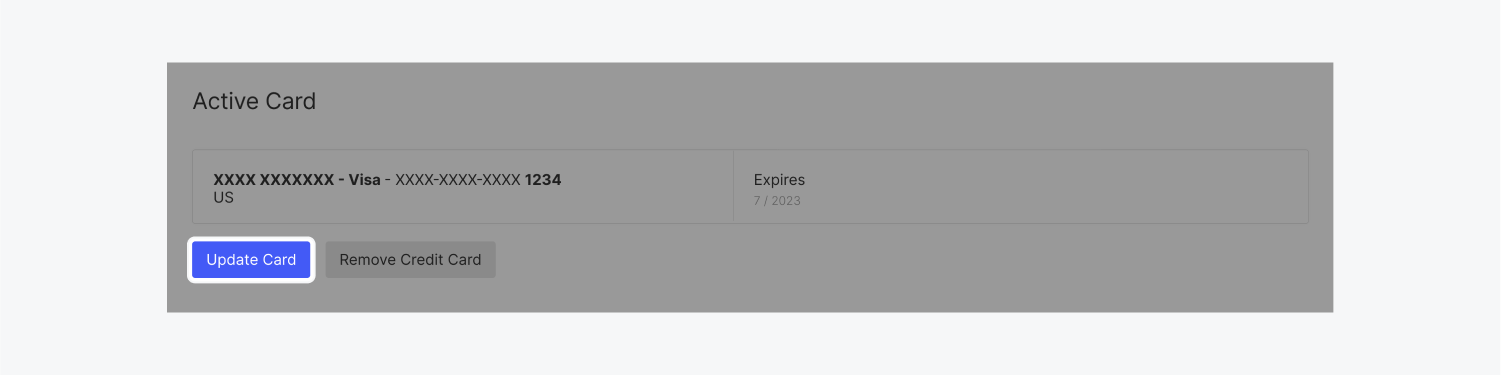 Update your card details by clicking on the blue Update Card button (highlighted.)