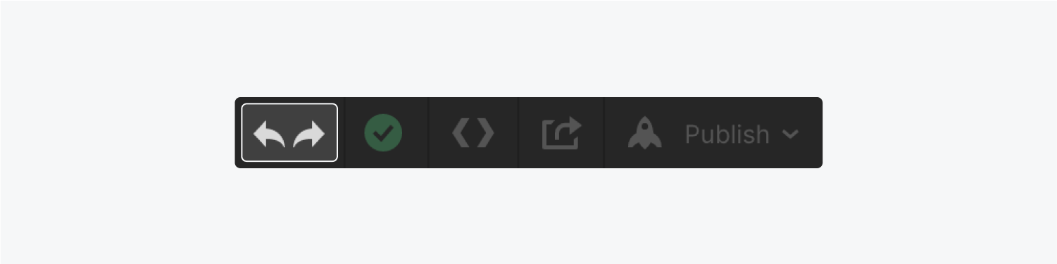 The top bar displays arrows for undo and redo (highlighted), a changes status indicator, export code button, share project and publish button.