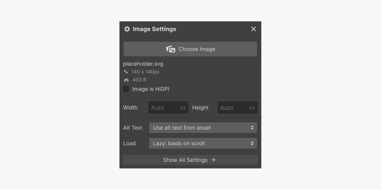 The image settings panel displays a choose image button, file name, dimensions and size along with a check box for "Image is HiDPI". It also displays two text input fields for width and height. There is a dropdown menu for alt Text and for Load and a show all settings button.