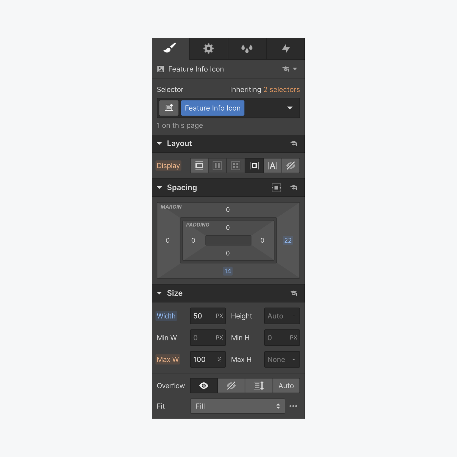 The style panel displays the selector section with the class Feature Info Icon selected and the layout, spacing and size sections.