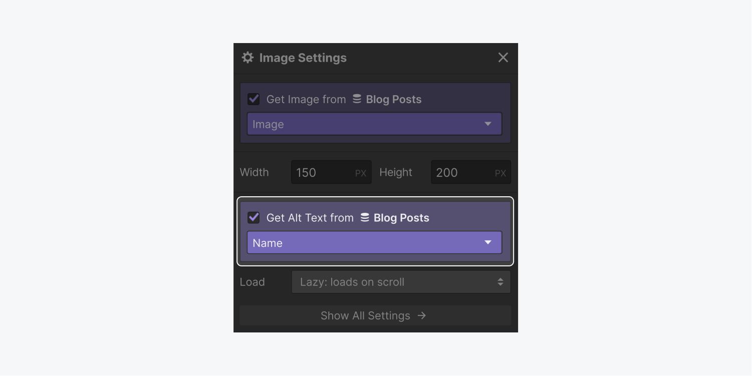 The image settings panel displays a collection list selected to fill out the Alt Text from a Blog post list.