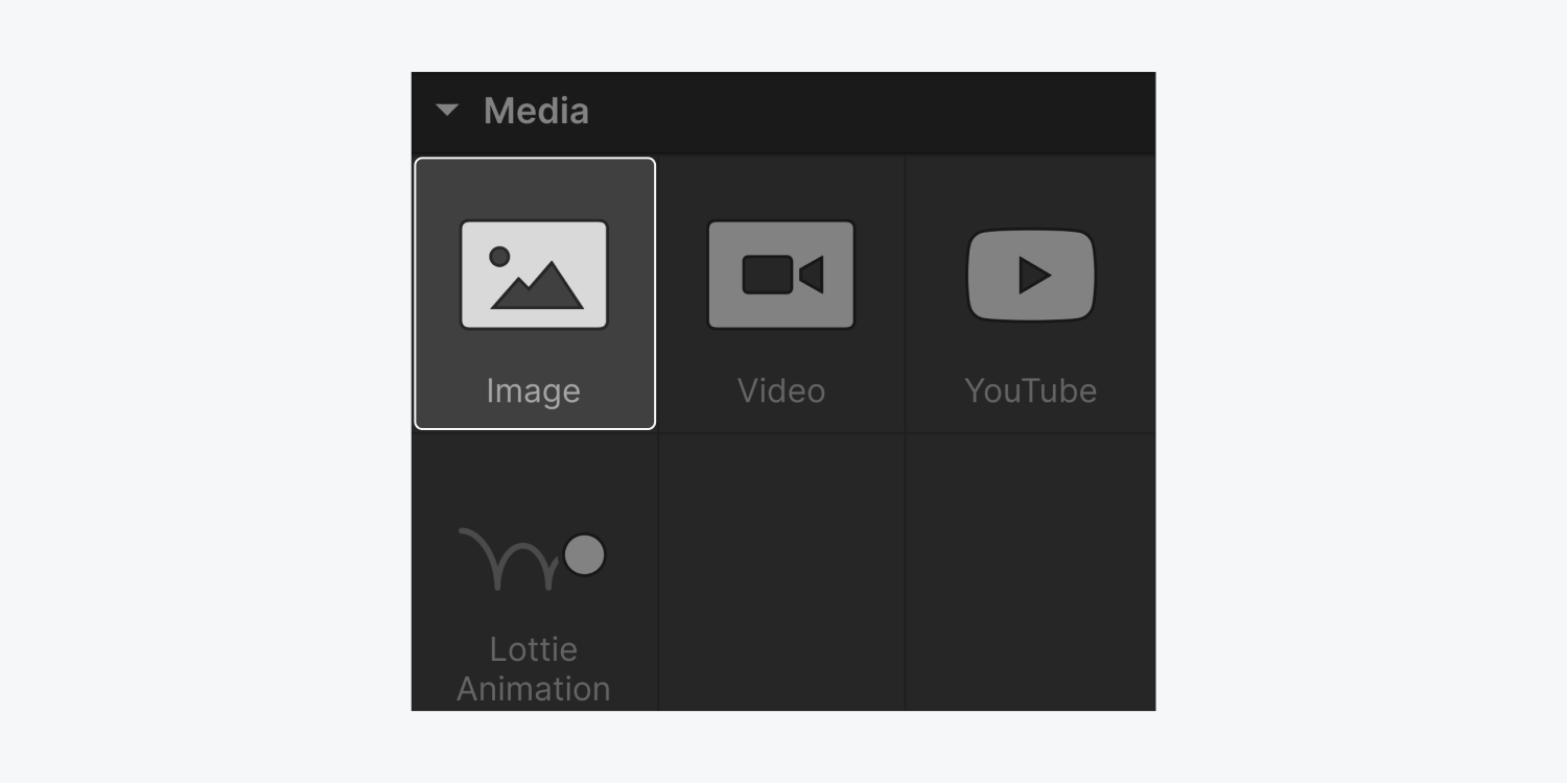 The four elements that are included in the Media section are Image (highlighted), video, YouTube and Lottie Animation.