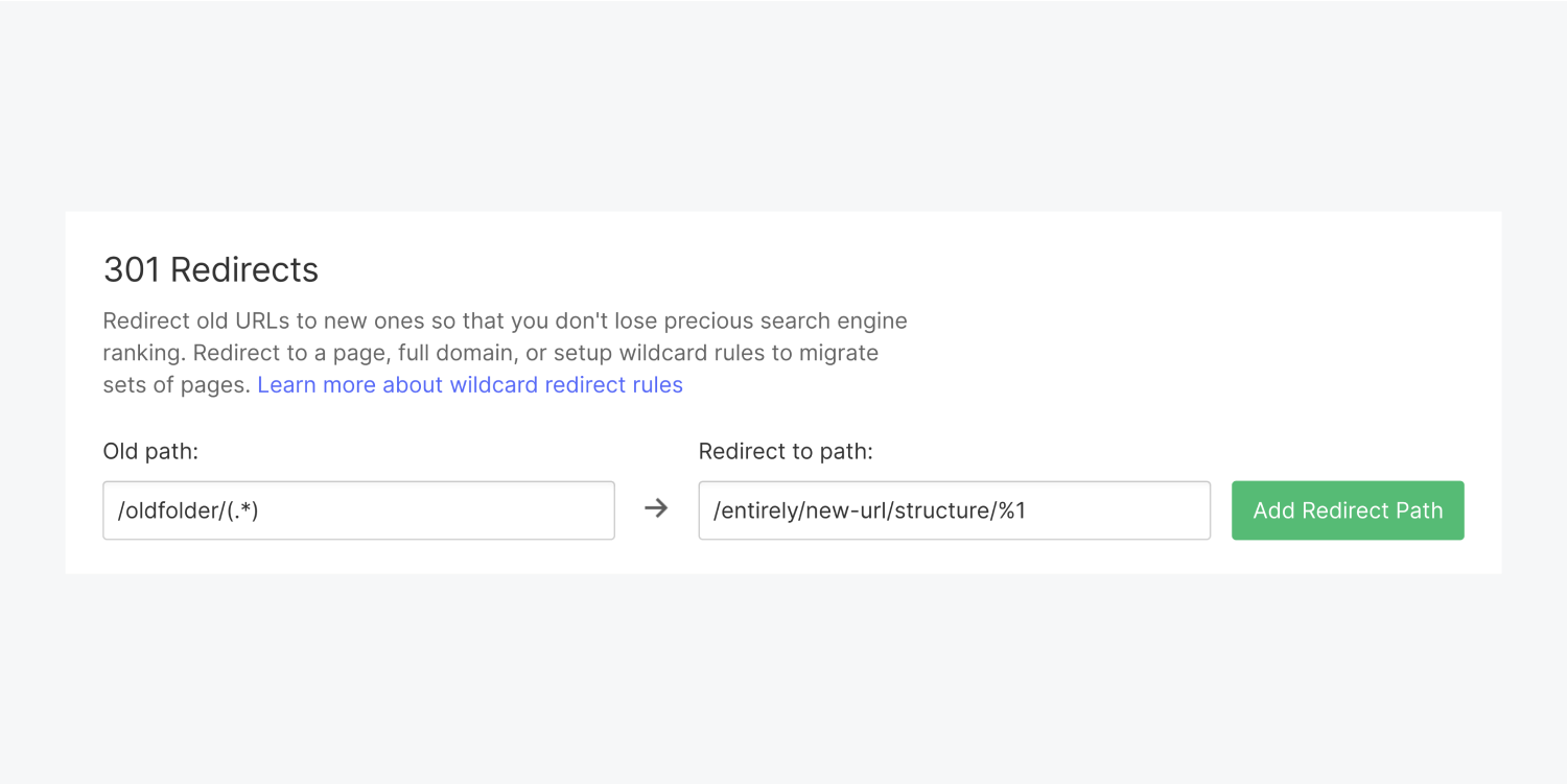 The 301 redirects section filled out with the old and redirect path inputs entered to redirect an entire folder.