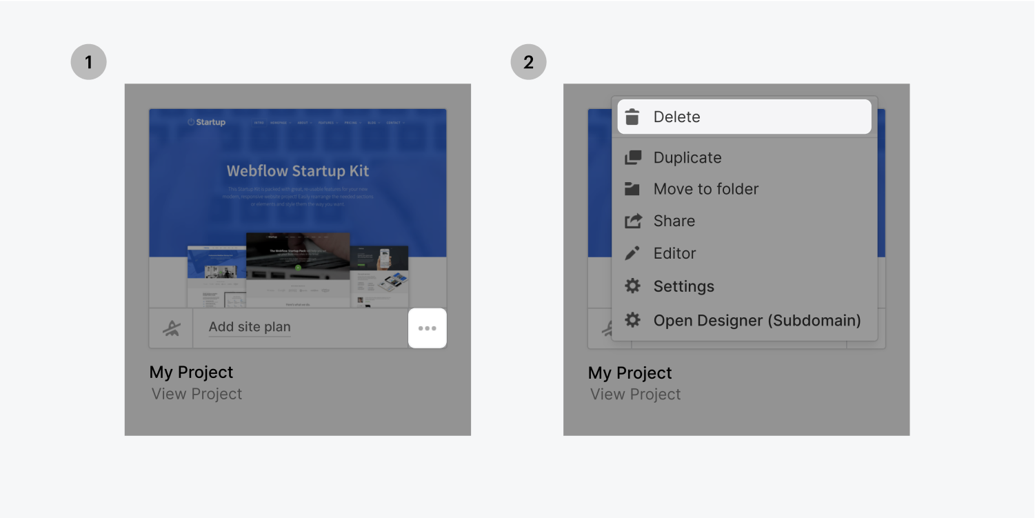 2 steps are side by side. On the left 3 ellipses are highlighted . On the right the delete option from the dropdown menu is highlighted.