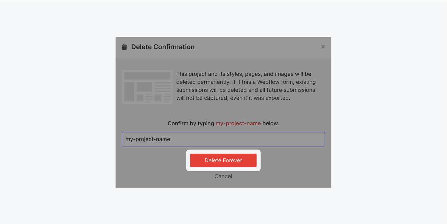 A red delete forever button is highlighted on a delete confirmation dialog box.