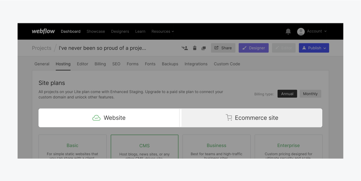 在项目的主机标签，选择网站计划和电子商务计划之间的选择是突出显示的。网站计划不包括使用Webflow原生电子商务的能力。电子商务网站计划让你能够使用Webflow的原生电子商务。