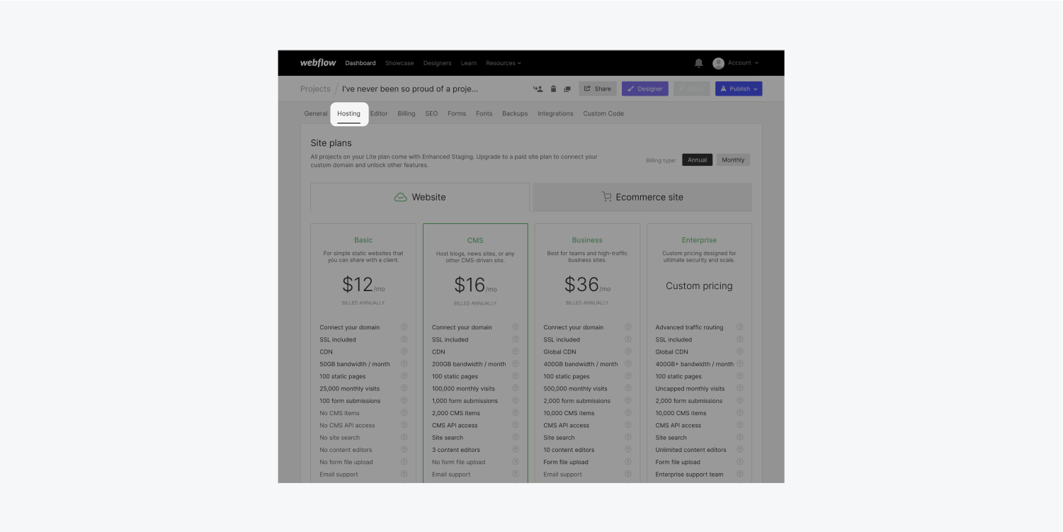 The hosting tab in a project’s settings is highlighted to show where you can purchase a site plan for your project.