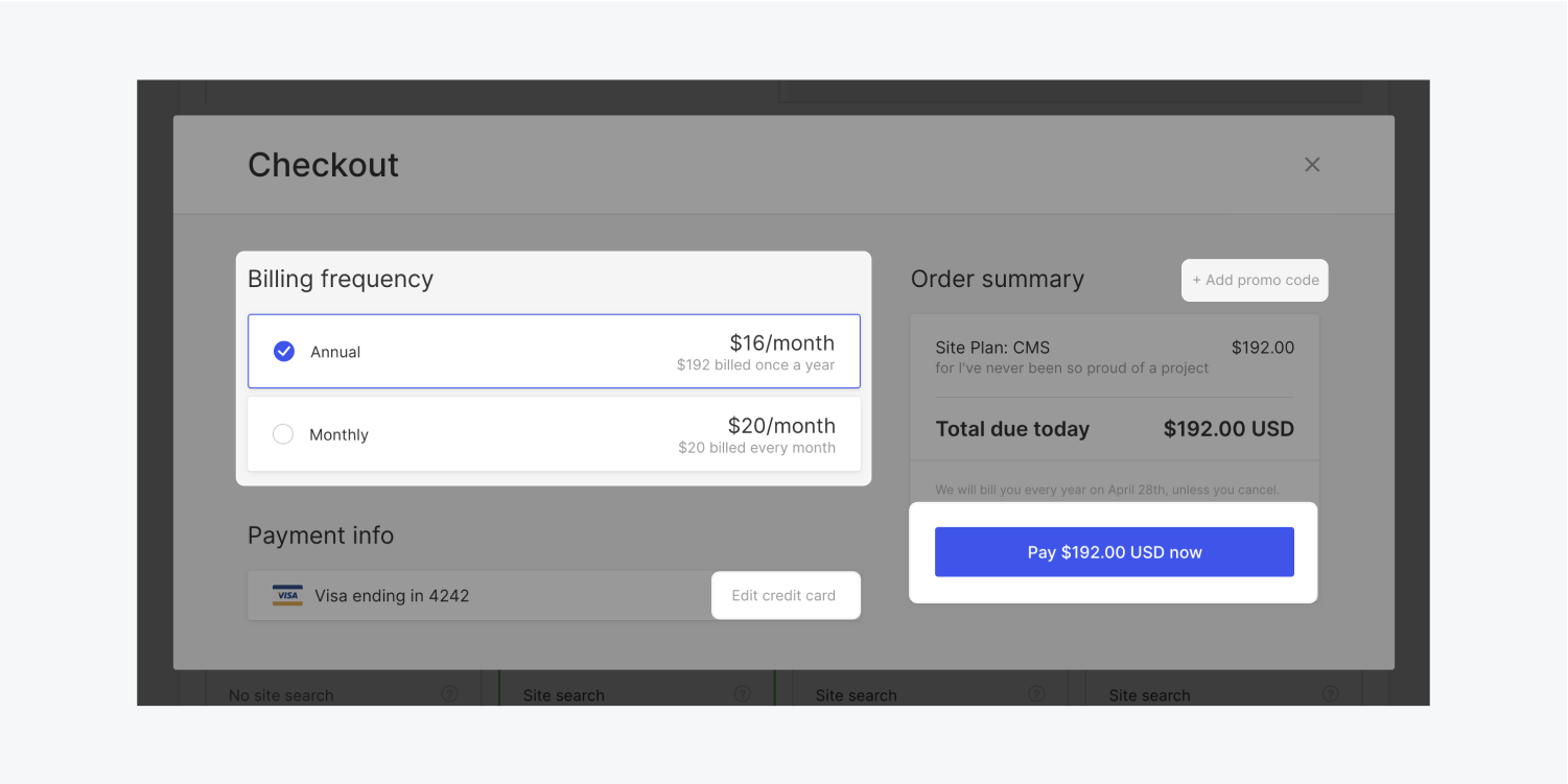 After adding a site plan to a project within its Hosting tab, a checkout modal appears to confirm details of the purchase. The promo code link, the billing frequency of the plan, the price you will pay at checkout, the edit default credit card link, and the final purchase button are highlighted as things to be aware of and double check at purchase.