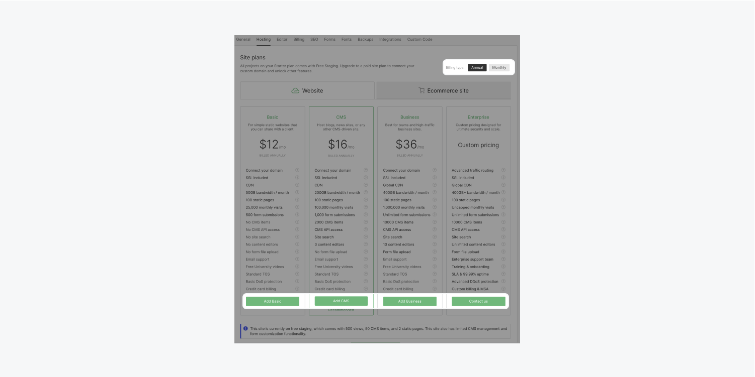 A project’s Hosting tab in its project settings highlights the billing cycle and “Add plan” buttons to click when choosing a site plan to purchase. 