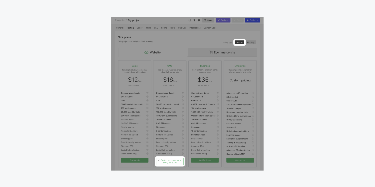 A project’s Hosting tab in its project settings highlights the annual billing cycle and “Switch to yearly” buttons to click when choosing to switch from a monthly site plan to an annual site plan.