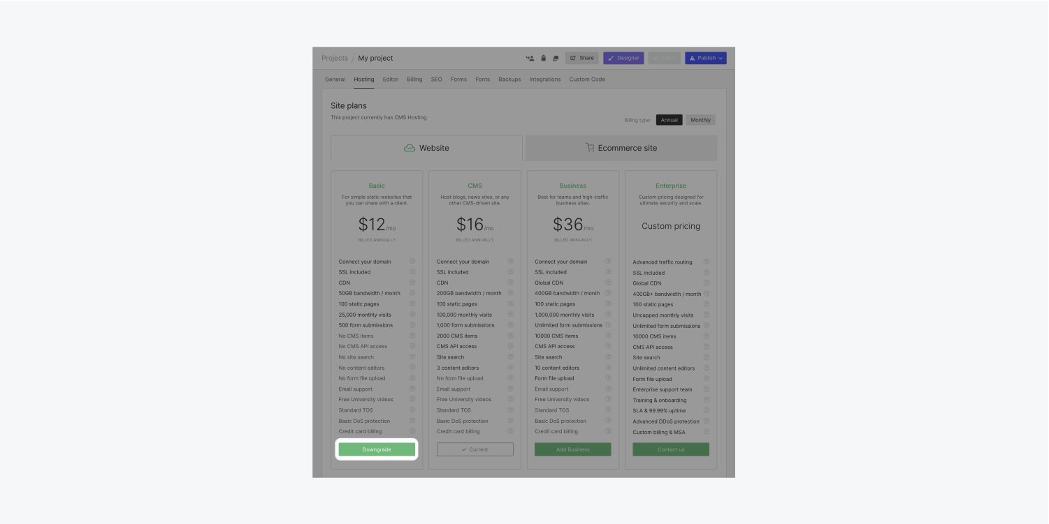 A project’s Hosting tab in its project settings highlights the “Downgrade” button to click when choosing to downgrade to a lower site plan.