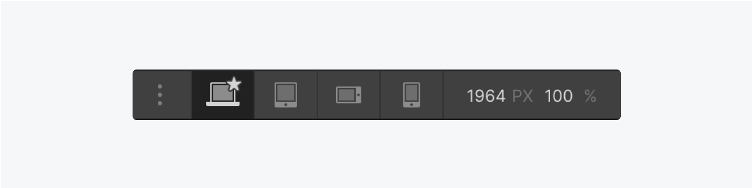 The designers breakpoint section displays a three dot button to add larger breakpoints, four breakpoint options, width dimensions and zoom percentage.