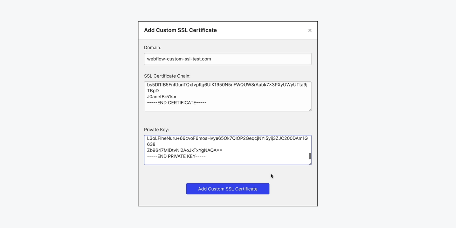 After clicking "Add certificate" to add your custom SSL certificate, fill in the Domain, SSL Certificate Chain and Private key fields with your relevant information.